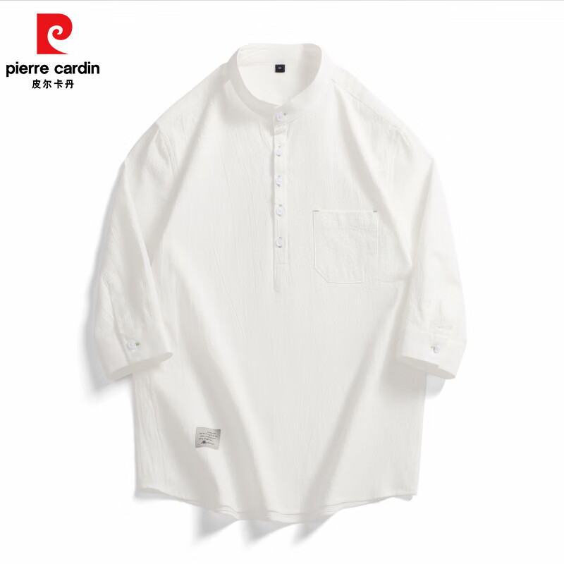 皮爾卡丹日系立領純棉襯衫男士寬松大碼襯衣中式唐裝外套休閑七分袖上衣服 白色 L