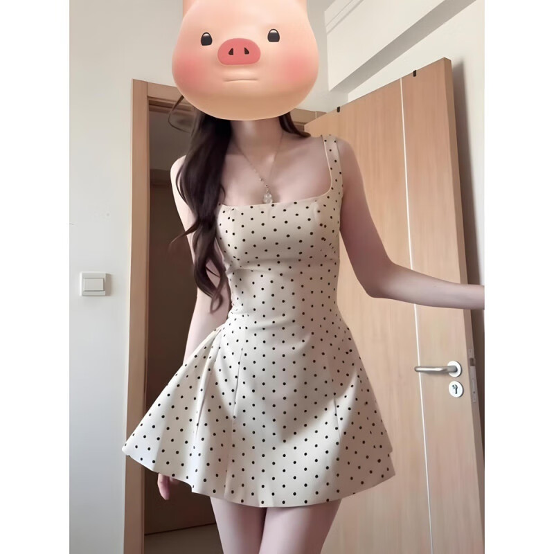 ZIPJBX法式小个子波点吊带连衣裙女夏收腰显瘦A字短裙 连衣裙 S -(90斤内可穿)