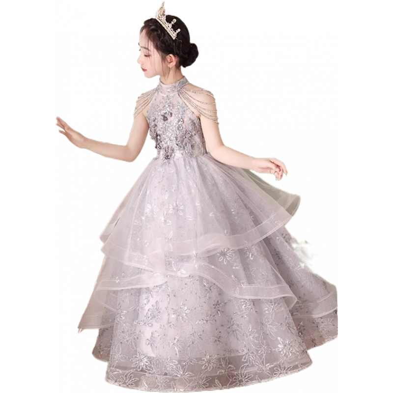 卟先生六一女童禮服公主裙洋氣花童蓬蓬紗兒童主持人生日走秀鋼琴演出服 灰色 150 cm