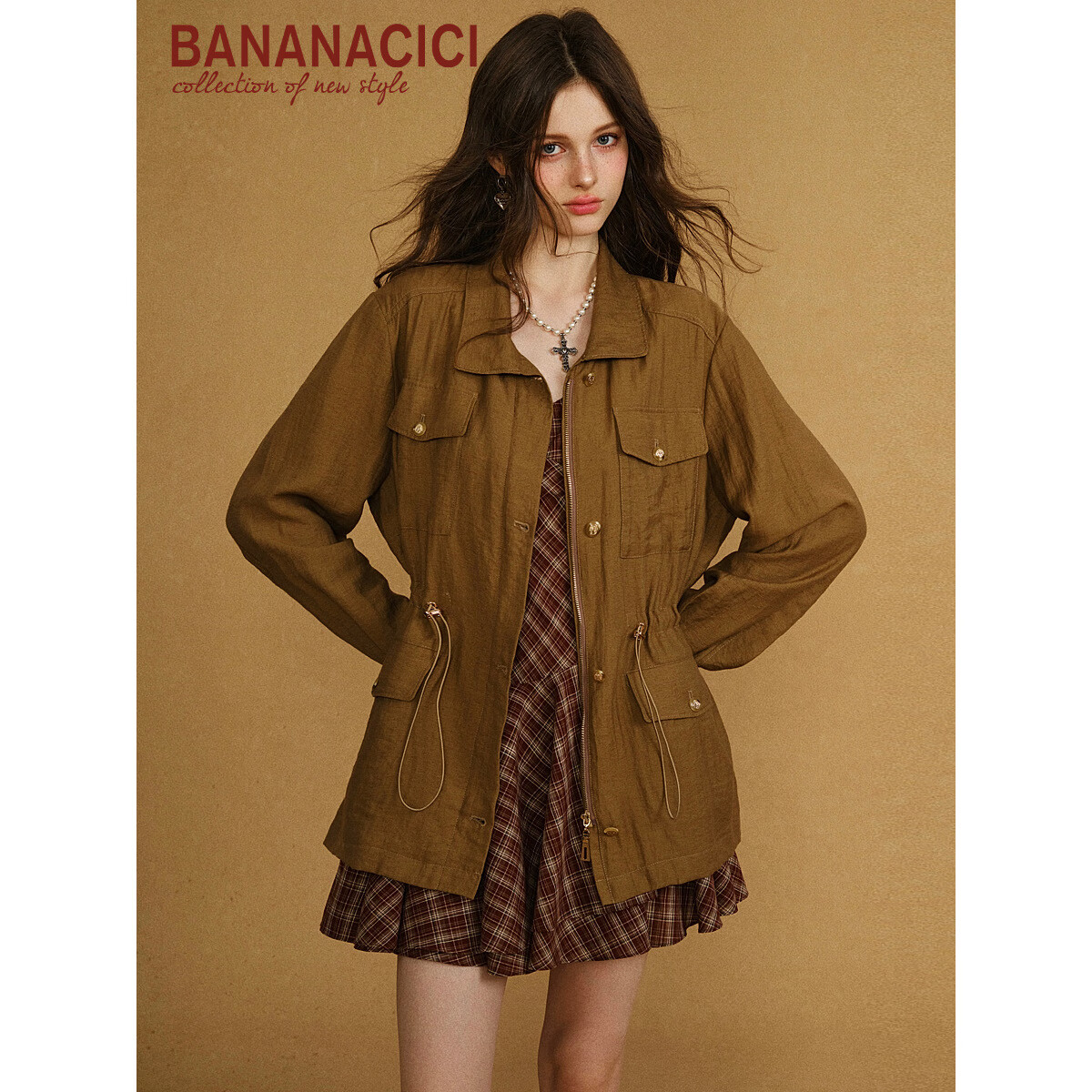 banana cici2025年秋季新款休闲工装风抽绳收腰风衣猎装夹克外套C2F3WT025 咖啡色 S