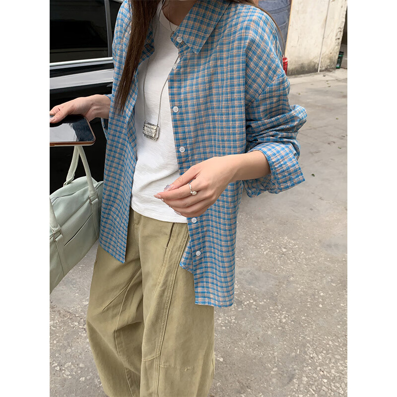 【优选】格子衬衫长袖t恤女秋季甜美独特别致显瘦宽松外套上衣 蓝色 S
