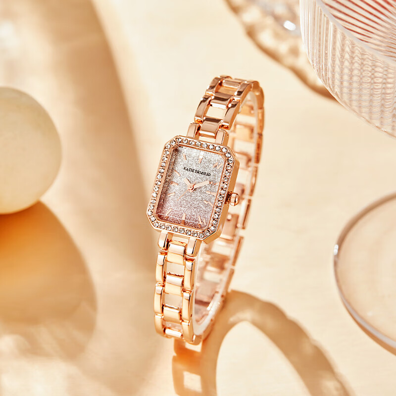 KATIE ERMILIO镶钻梦幻流沙文艺气质小方表百搭钢带女手表七夕情人节礼物送女友