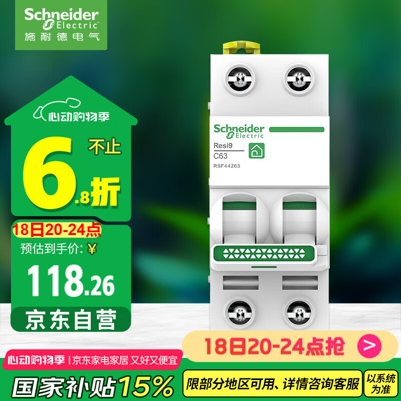 施耐德电气 空气开关2P C63A 家用微型断路器总闸双进双出双极空开 R9F44263