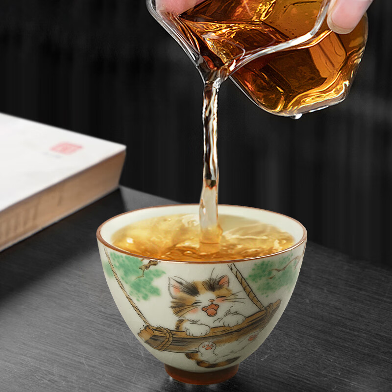 易信开片陶瓷猫咪对杯套装汝窑茶盏主人杯家用喝茶杯品茗杯喝水杯子 春分2斗笠杯-秋千猫+红果猫