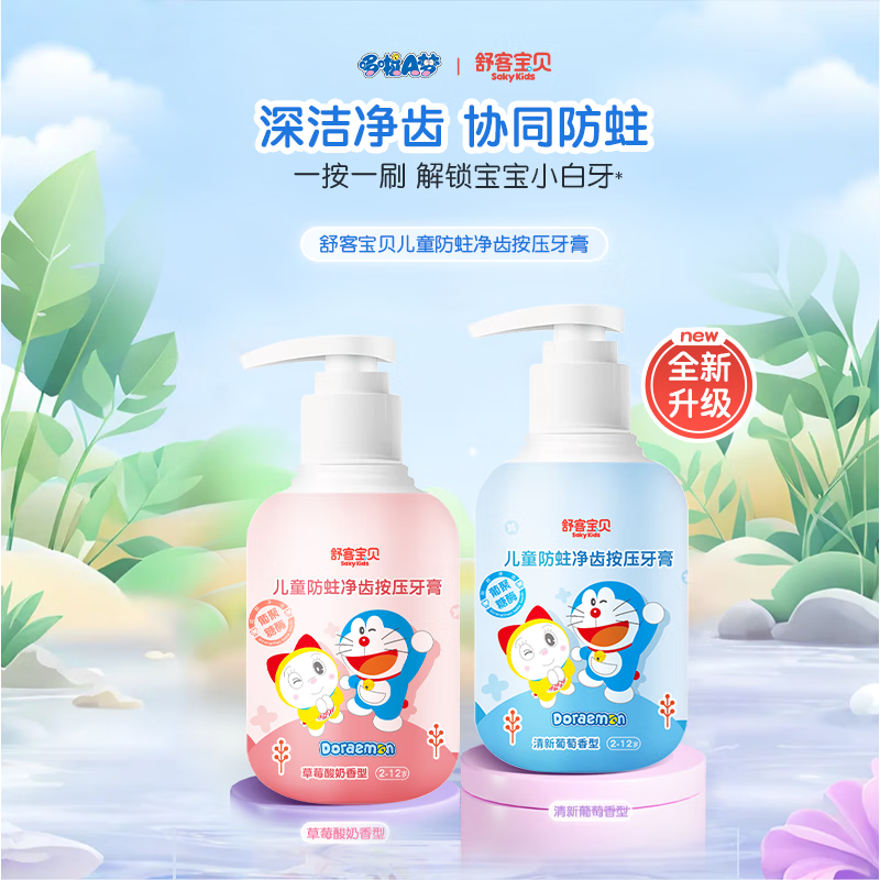 舒客宝贝按压式儿童牙膏2-6-12岁含氟防蛀克服龋齿150g大容量哆啦A梦牙膏 草莓香150g+葡萄香150g