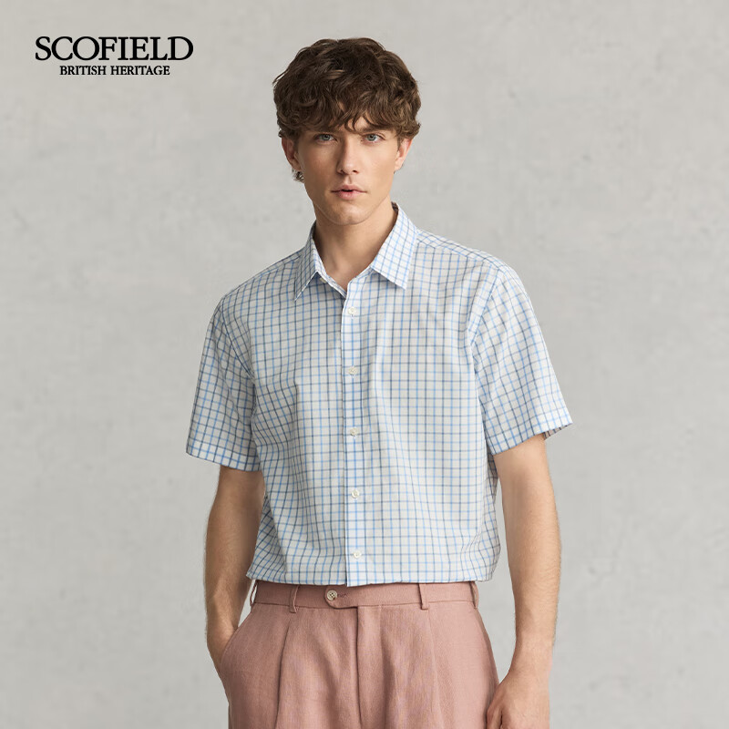 Scofield男士25夏季新品舒适纯棉时尚通勤清新小格子短袖衬衫 蓝色 M (170)