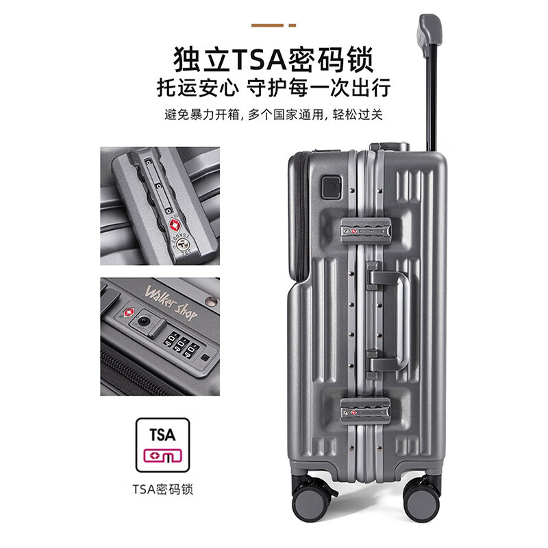 Walker Shop行李箱2025新款前开盖登机拉杆箱结实耐用多功能旅行箱 黑色 【前开盖+杯架+刹车轮】 20英寸 【现货直发/登机箱】
