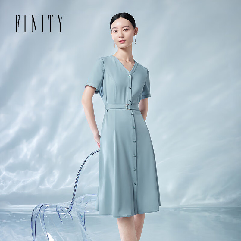 菲妮迪（FINITY）【冰氧凉感】连衣裙2025夏季新款简约V领短袖裙子女 蓝色 XL