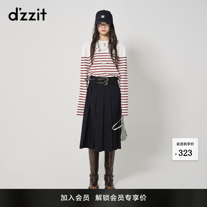 DZZIT地素條紋長袖T恤春秋新款復(fù)古紅色衛(wèi)衣設(shè)計感小眾女 深紅色 M