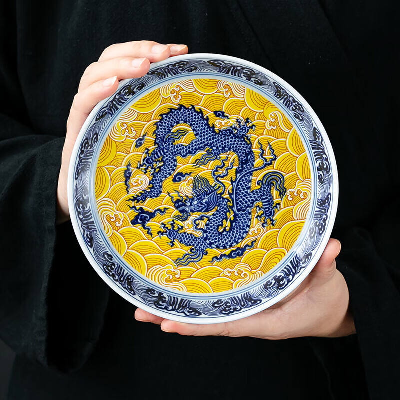 京峰阁景德镇陶瓷杯子三才盖碗主人杯高档轻奢家用功夫泡茶杯套装送礼物 帝王黄海水龙悬停盖碗（一盖碗二杯）