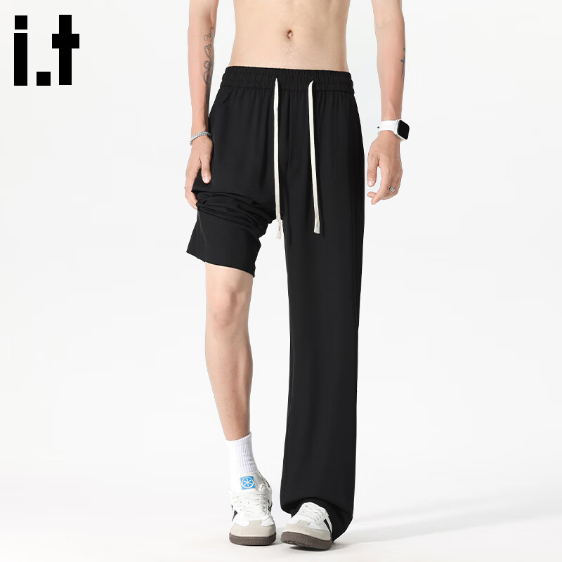 :CHOCOOLATE it垂感透气休闲裤男夏季薄款潮牌男装宽松直筒纯色弹力长裤 黑色 【官方正品】 L 【建议120斤-140斤】