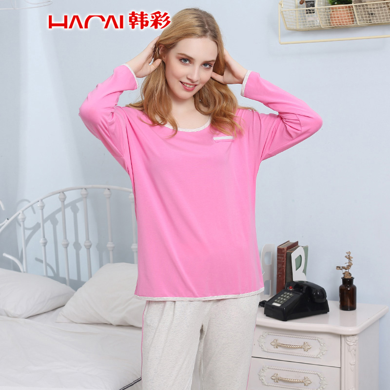 韓彩睡衣女秋冬長(cháng)袖莫代爾棉薄款純色套頭休閑家居服睡衣套裝 淺玫紅 170/95(XL)