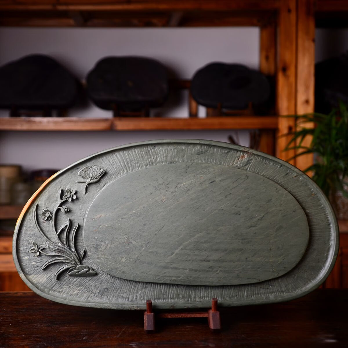 茶具茶海茶盘茶托天然茶台中式 绿端干泡 天然石色 手工雕刻