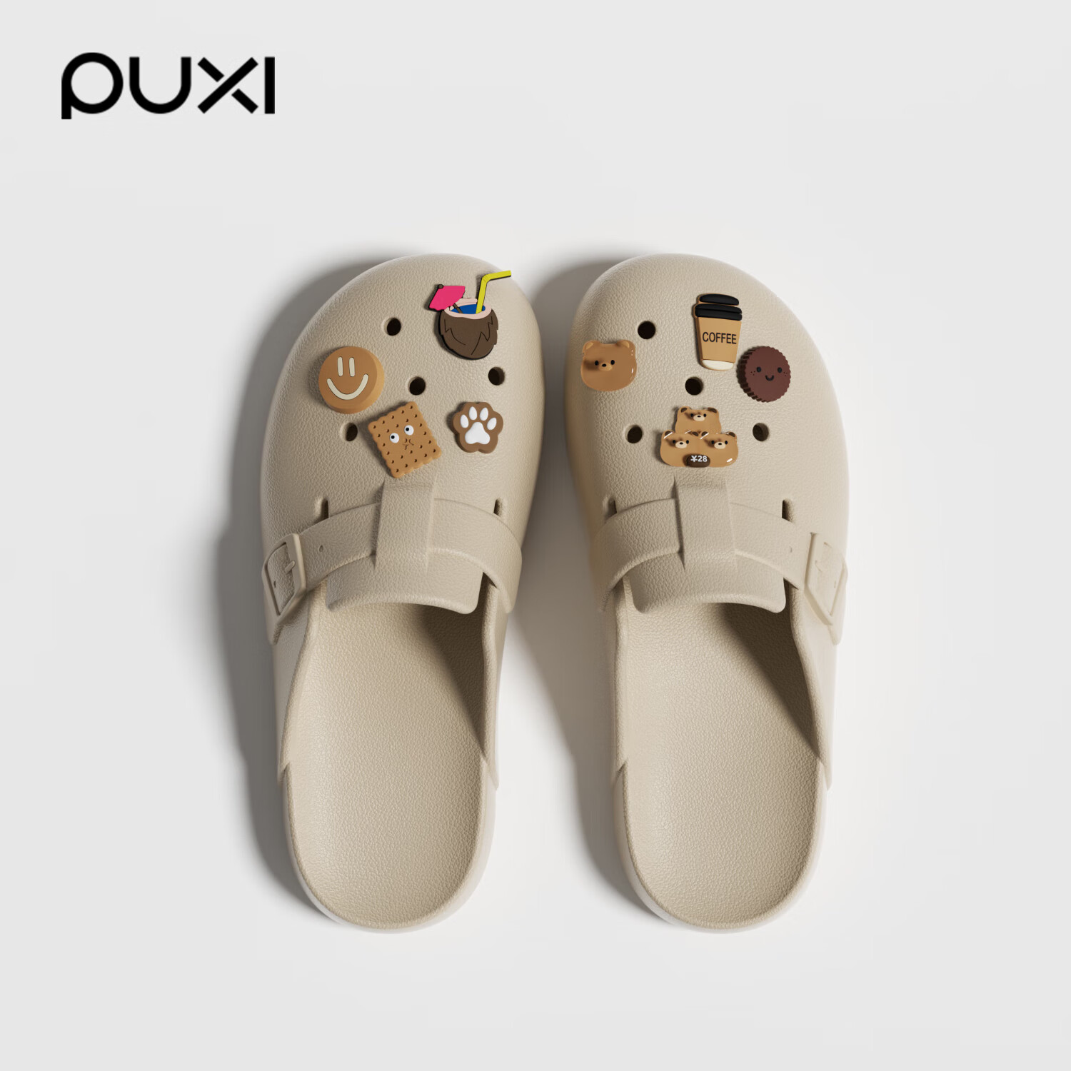 朴西2026新款夏季外穿包头洞洞鞋男士eva勃肯沙滩防滑一脚蹬凉拖鞋女 浅沙色+棕色小熊鞋花 可爱鞋花 39-40
