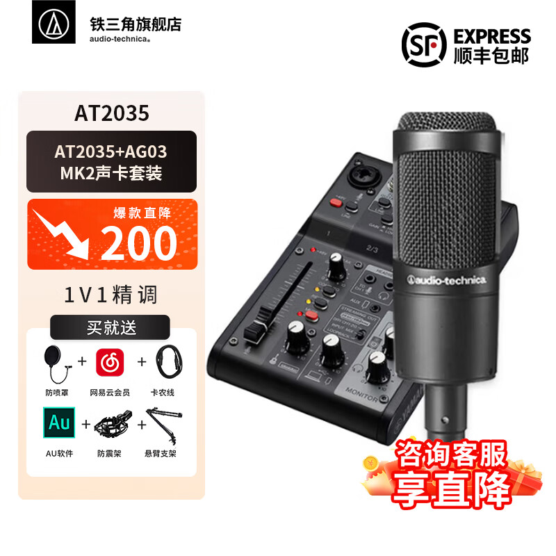 �����ǣ�Audio-technica�� AT2035ֱ����˷�����ר�� ��˷绰Ͳk�� ����רҵ¼����Ͳ רҵ�豸 ������˷��������� AT2035+AG03MK2������װ 2229Ԫ