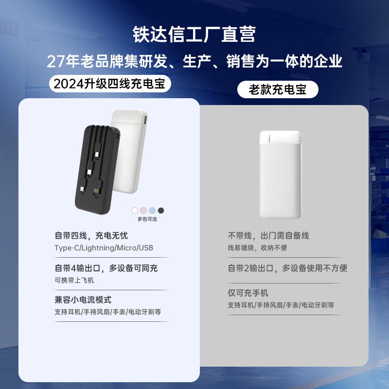铁达信【新国标3C认证】超级快充10000毫安充电宝 自带四线 超薄小巧 移动电源苹果华为小米OPPO手机通用 【蓝色】自带四线/1万毫安/支持华为苹果8-16