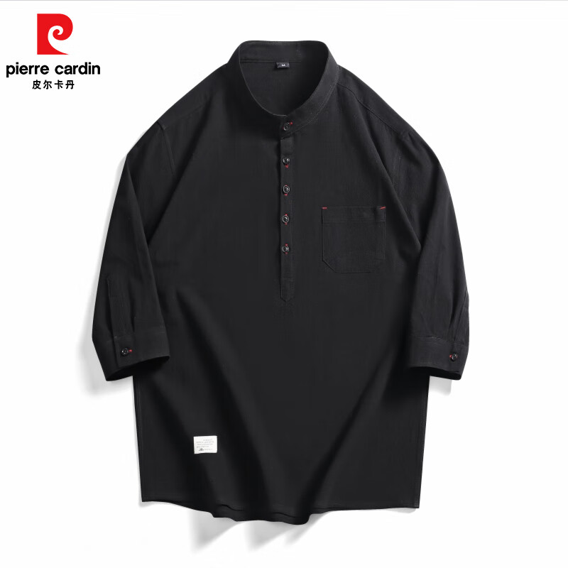 皮尔卡丹日系立领纯棉衬衫男士宽松大码衬衣中式唐装外套休闲七分袖上衣服 米色 2XL