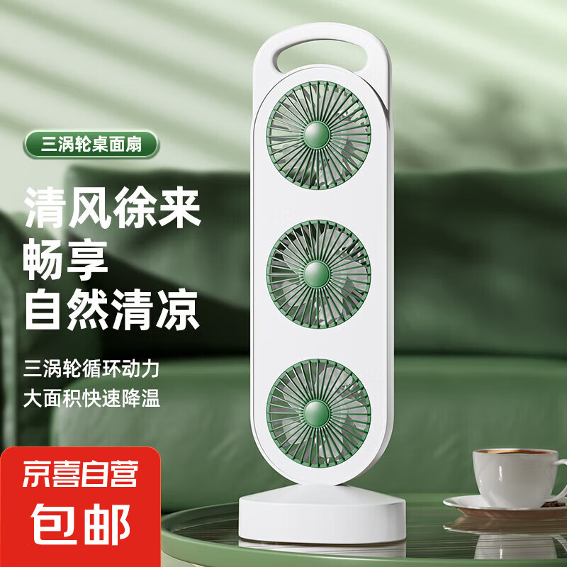 电风扇家用电扇三电机大风力桌面风扇USB充电卧室宿舍办公室家用海外爆款新款 【三电机】 静谧绿