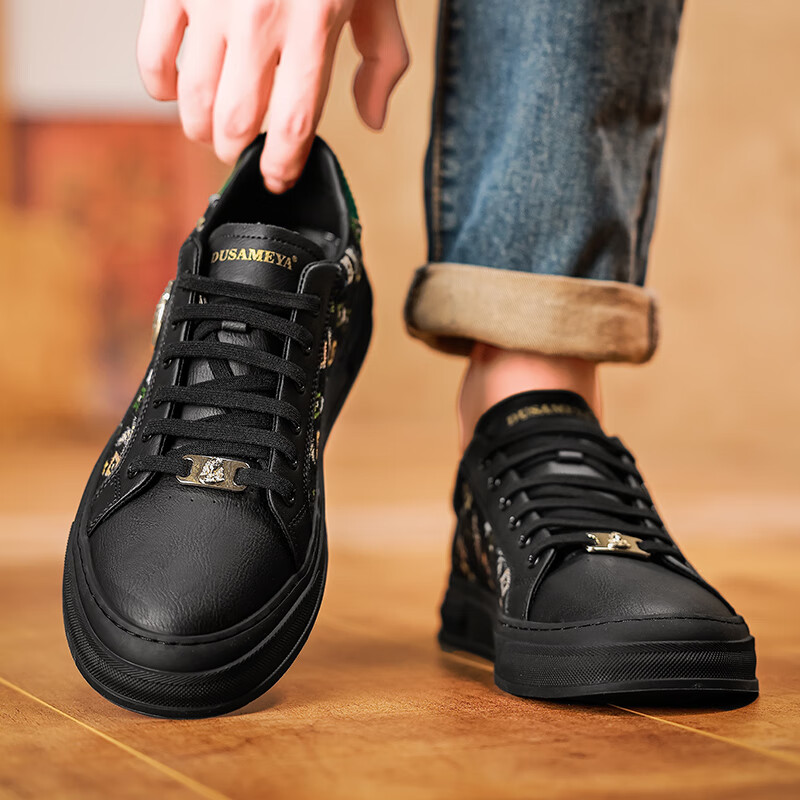 杜莎米娅夏季男鞋潮流新款透气小白鞋重工刺绣手工男士休闲鞋低帮防滑板鞋 黑色 44