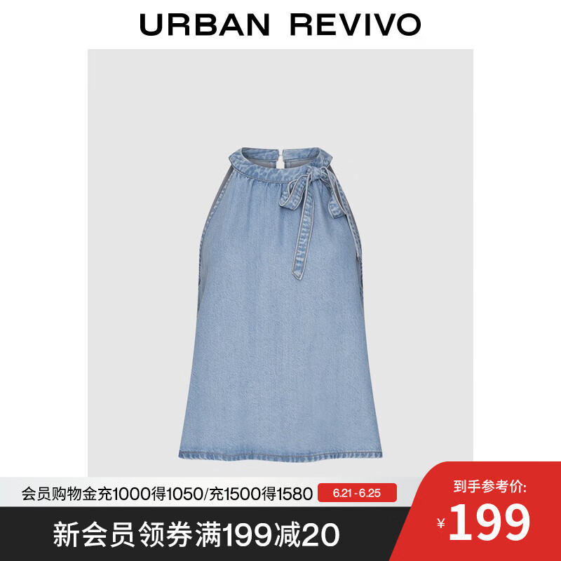 UR2025夏季新款女复古休闲蝴蝶结系带无袖牛仔衬衫UYU850121 蓝色 M