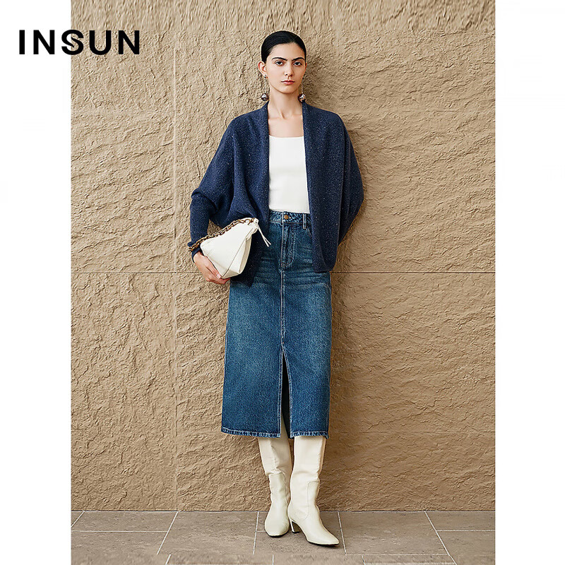 INSUN恩裳专选秋季女装「美丽诺」羊毛珠片蝙蝠袖针织开衫 藏蓝 M 38