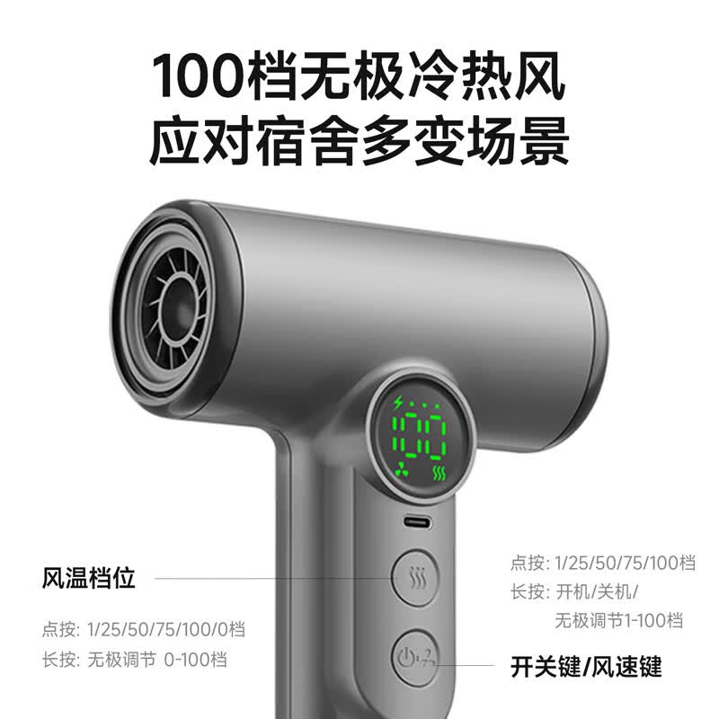 GBTW无线吹风机学生宿舍专用充电式不插电速干高速热风大功率便携电吹风 【3万转标配】灰色/15600续航+100档强风