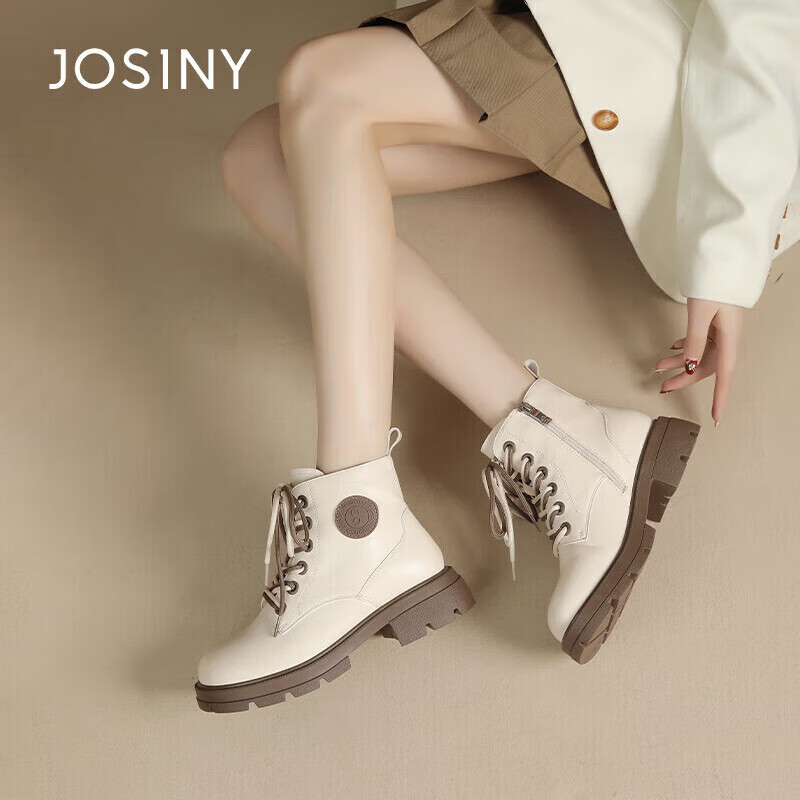 卓诗尼马丁靴女冬季百搭小皮靴平底中跟系带短筒休闲靴 米白色 35 