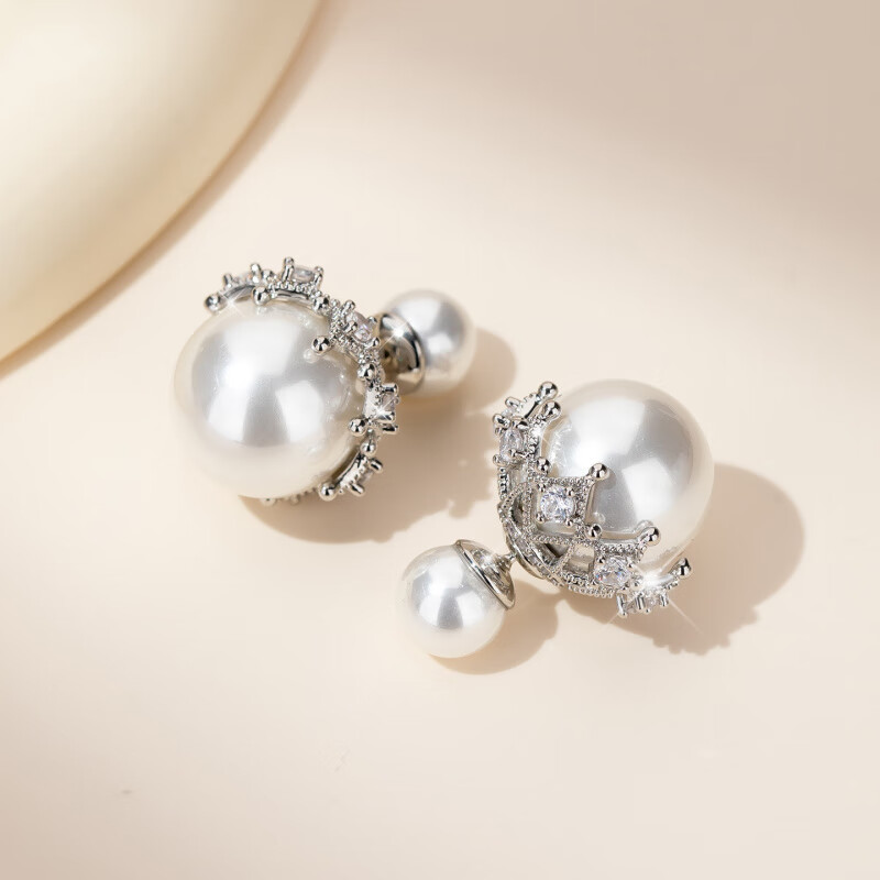 Qlady氣質(zhì)雙面大珍珠耳釘女銀耳飾銀耳環(huán)新款感輕奢耳墜 優(yōu)雅白