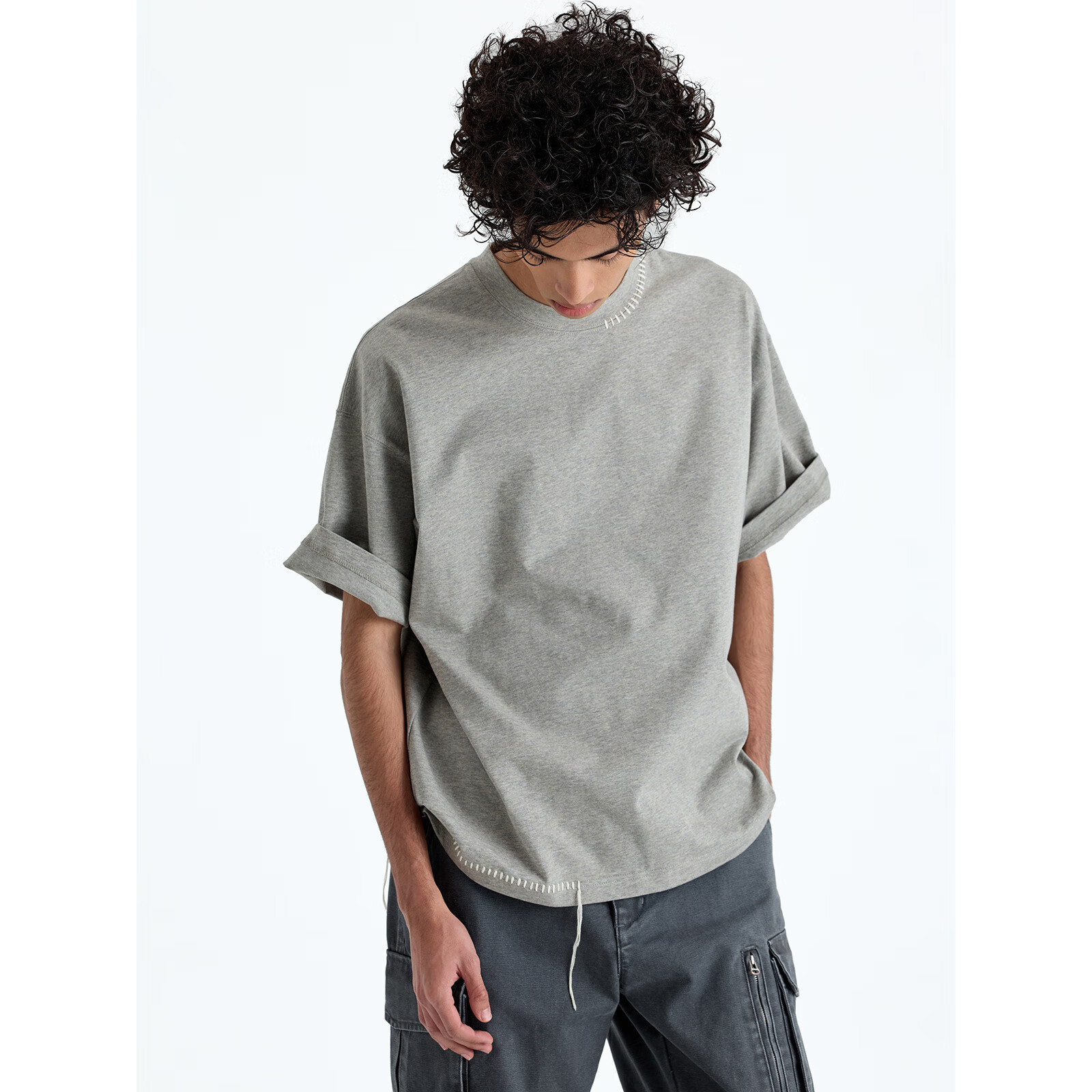 NANS STUDIO 300G新疆长绒棉手工缝线流苏设计窄圆领廓形短袖TEE NS9A11 FAWN / 沙驼 预售 S