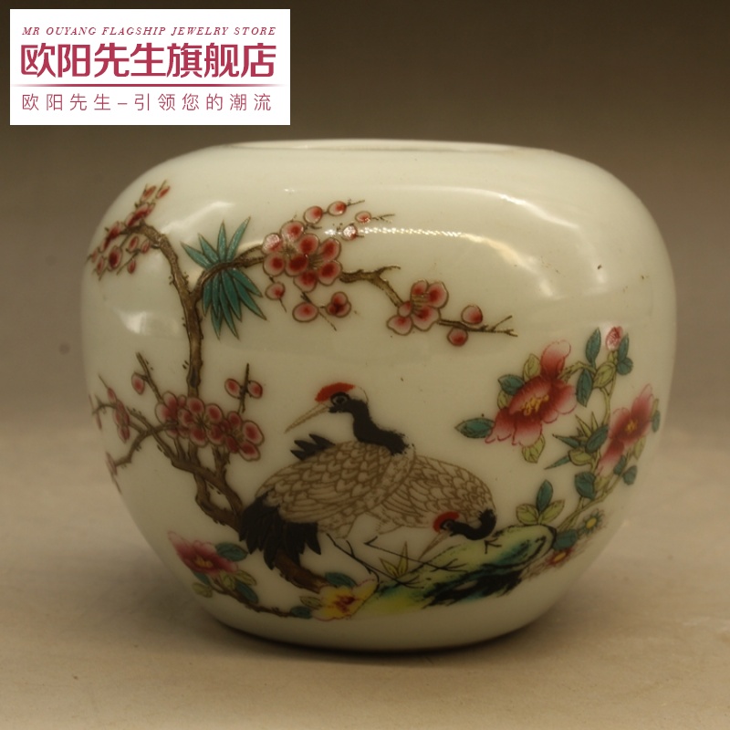 (促销)玩玉款粉彩双鹤鸟食罐 古玩瓷器 古董 仿古瓷器