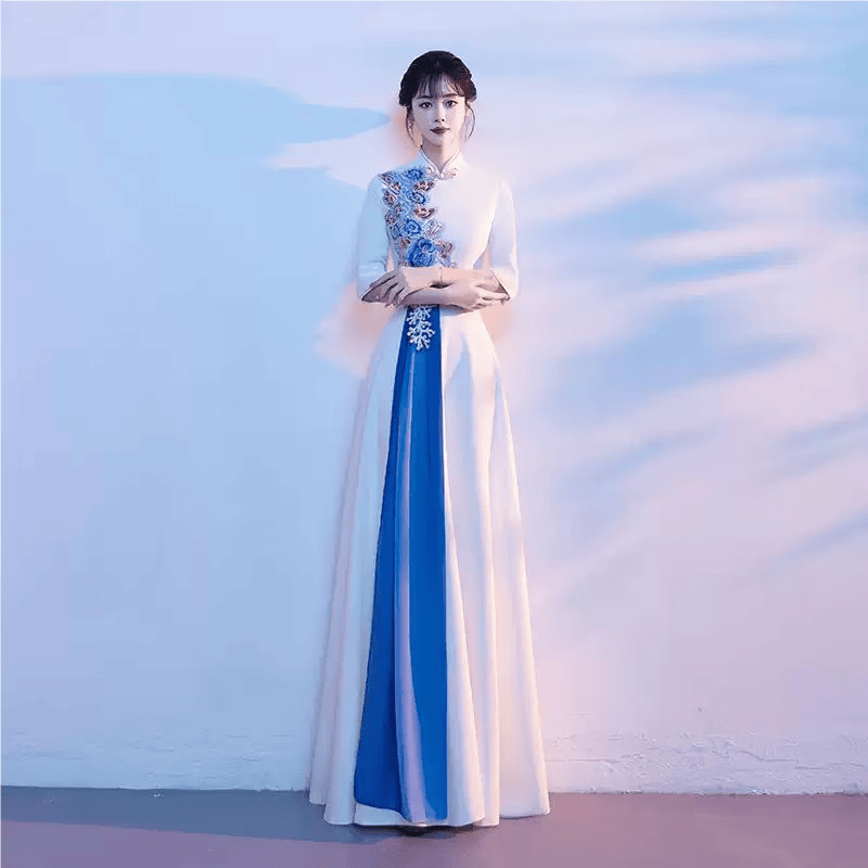 麥斯貝思大合唱演出服女長(zhǎng)裙學(xué)生合唱團(tuán)紅歌朗誦宴會(huì)主持人指揮晚禮服長(zhǎng)款 藍(lán)色 XS