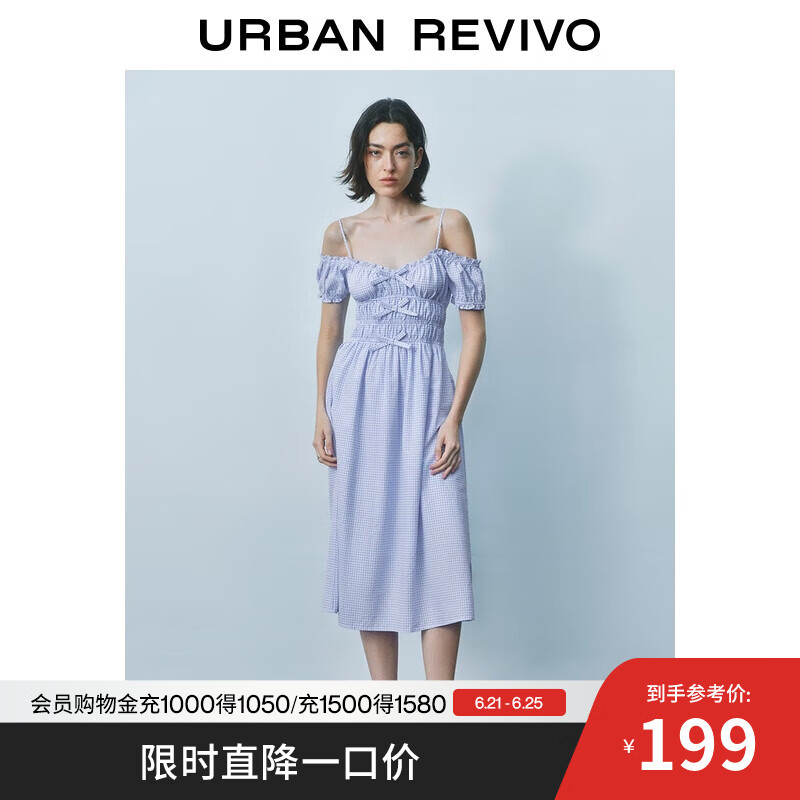 UR2025夏季新款女装波嬉风撞色格纹蝴蝶结饰连衣裙UYU750087 天蓝格子 S