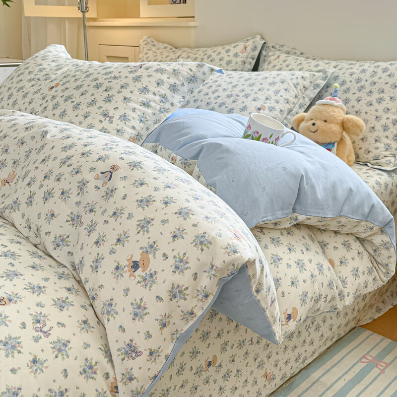 米诗兰（Mishilan）简约北欧风四件套全棉纯棉学生宿舍床单被套三件套床上用品床笠款 兰花蜜恋 床单款 1.5四件套-被套180x220