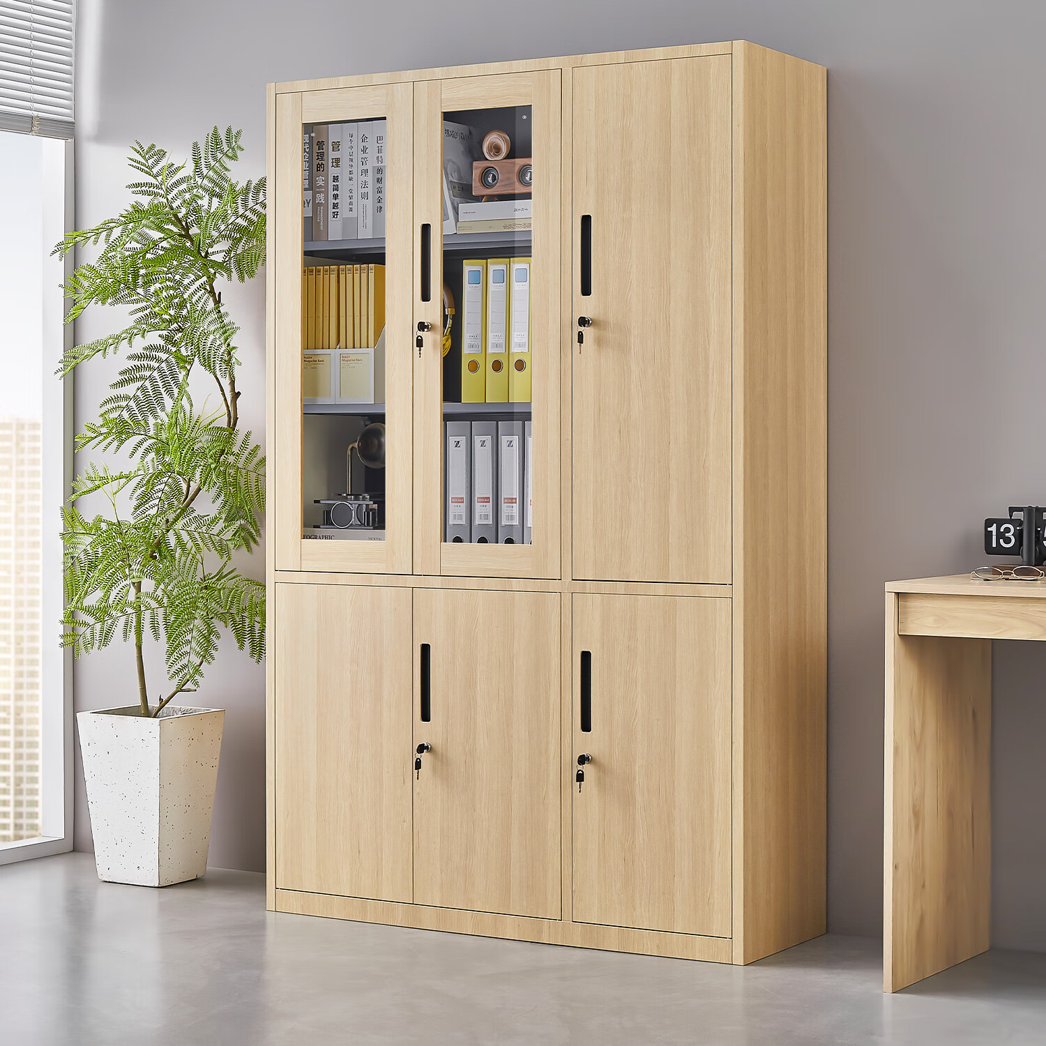 洛克菲勒 文件柜鋼制辦公柜鐵皮柜仿木紋書(shū)籍柜資料儲物檔案柜子帶鎖 鋼制櫻桃木紋*六門(mén)書(shū)柜*右