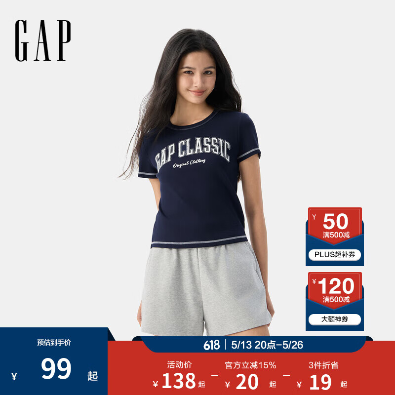 Gap女装2025夏季新款印花logo罗纹肌理修身短袖T恤休闲上衣766152 海军蓝 M (165/84A) 亚洲尺码