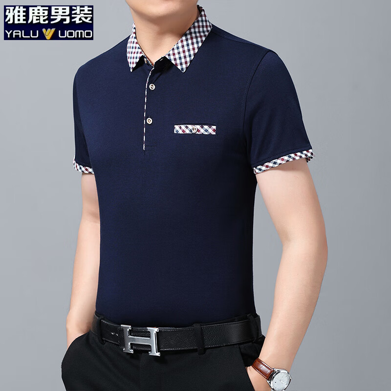 雅鹿男装短袖t恤男翻领夏季男士休闲纯棉真口袋爸爸装 上青 M /165（建议100-120斤）