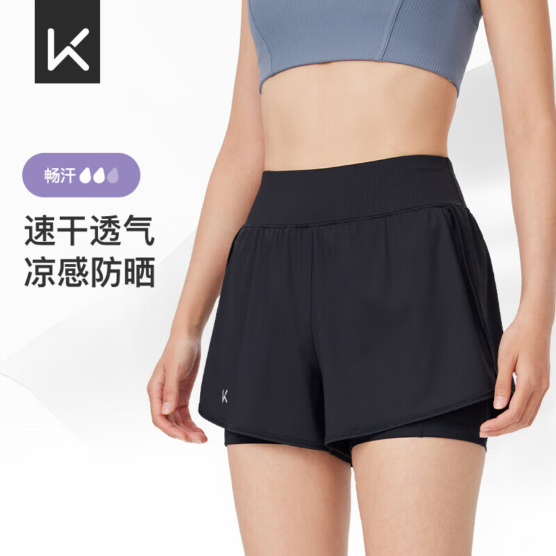 Keep凉感速干跑步女假两件防走光瑜伽健身薄款防晒短裤 经典黑  L 