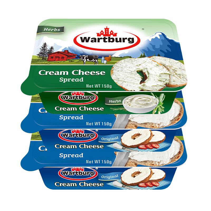 沃特堡（wartburg）奥地利进口 涂抹奶油奶酪 蒜香150g+原味150g*2 三盒装  原制奶酪