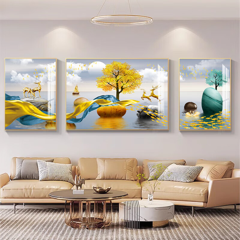 柳莺花燕轻奢新款沙发背景墙装饰画寓意好大气三联画现代简约客厅挂画 家和富贵 大套(左右60X80X中110X80)亚光纹理 铝合金边框(默发金色框)