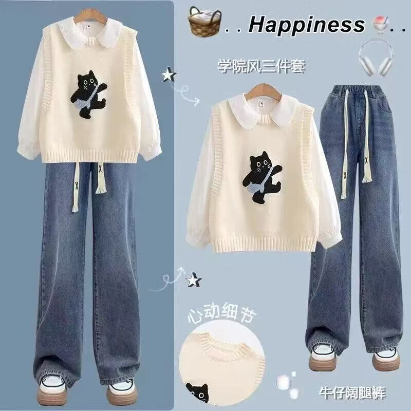 欧颖慕女童套装春季新款女大童马甲牛仔阔腿裤三件套初高中生春装衣服潮 【三件套】米白色马甲+衬衫+牛仔裤 165 （L）码 【建议105-120斤】