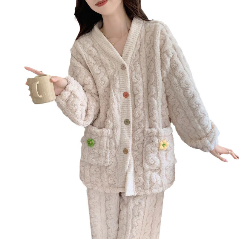 诗莉奥(SHILIAO)冬季加厚珊瑚绒毛毛睡衣女可外穿开衫两件套装纯 绿色小花 均码