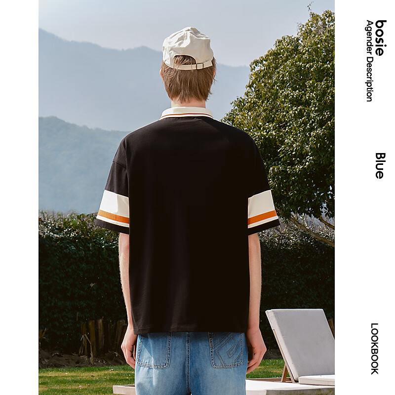 bosie【小王子】伯喜2025年夏季新款撞色短袖polo衫男情侣翻领T恤 米黑拼色 XS