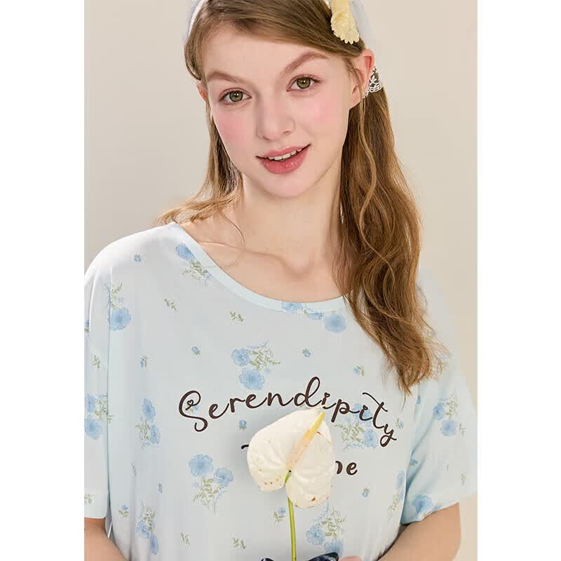 芬腾睡裙女士夏季薄款短袖睡衣中裙女款宽松休闲卡通可爱家居服 FX26921093冰兰 M 建议:90-110斤