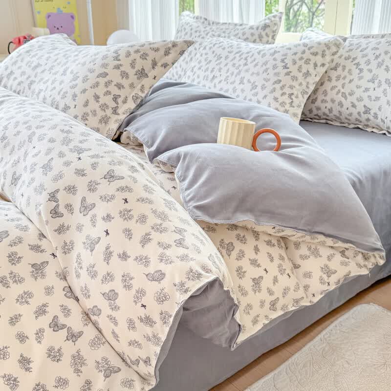 软贝 小清新四件套 透气亲肤 印花卡通简约田园套件被套床单床上用品 翩翩起舞 2.0m 床单款 四件套（被套200*230cm）
