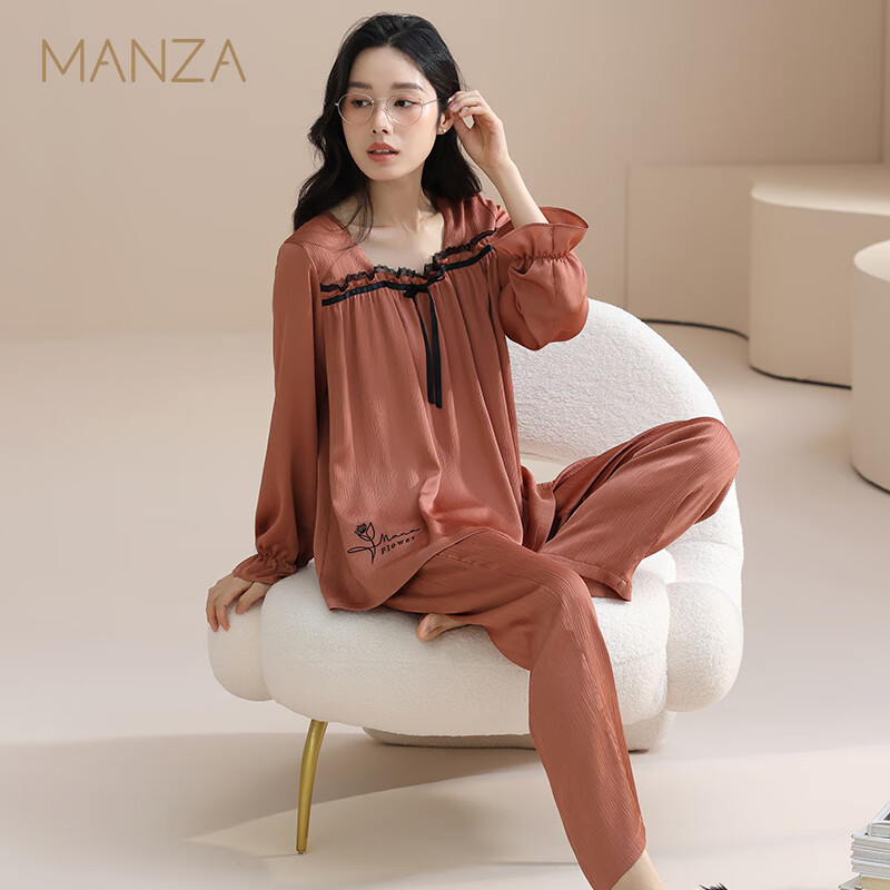 玛伦萨睡衣女春秋季2025新款可外穿方领套头长袖长裤大码女士家居服 焦糖 M