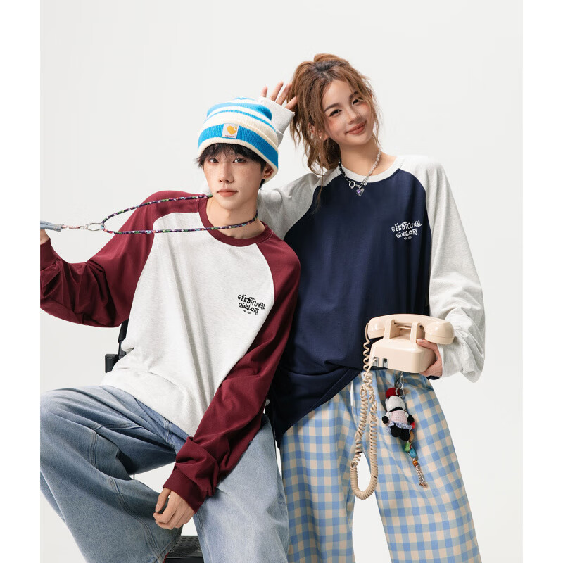 楠笙记美式插肩袖拼接撞色卫衣男女士情侣款宽松休闲慵懒风圆领长袖T恤 白花灰拼酒红 S