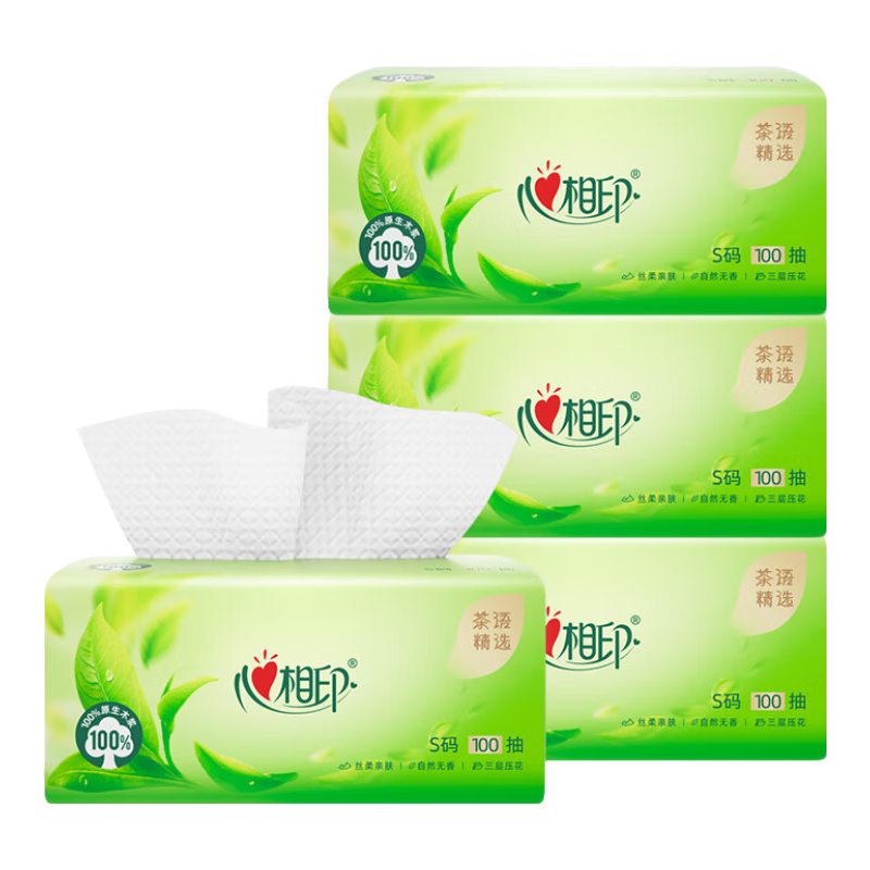 心相印抽纸茶语丝柔亲肤自然无香母婴适用餐巾纸加大加厚擦嘴纸手纸大包 3层 100抽*4包