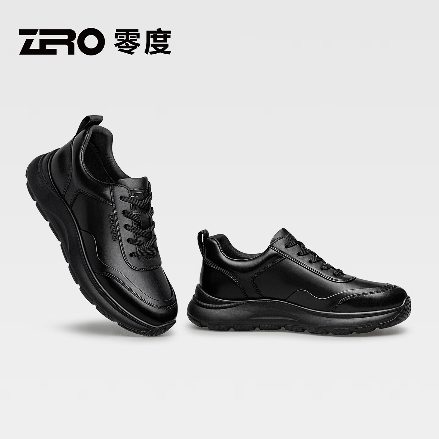 零度zero男鞋秋季时尚百搭真皮商务休闲鞋防水轻便通勤皮鞋软底运动鞋 黑色 40