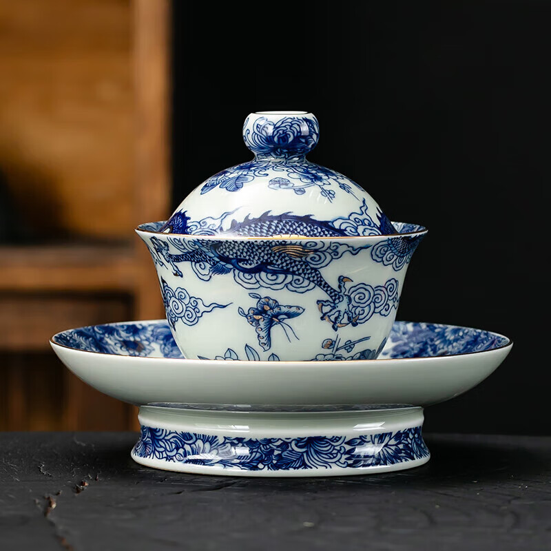 京峰阁 茶具三才盖碗套装 景德镇陶瓷青花瓷高档泡茶碗家用办公室送礼物 鱼化龙纳福三才盖碗180ml