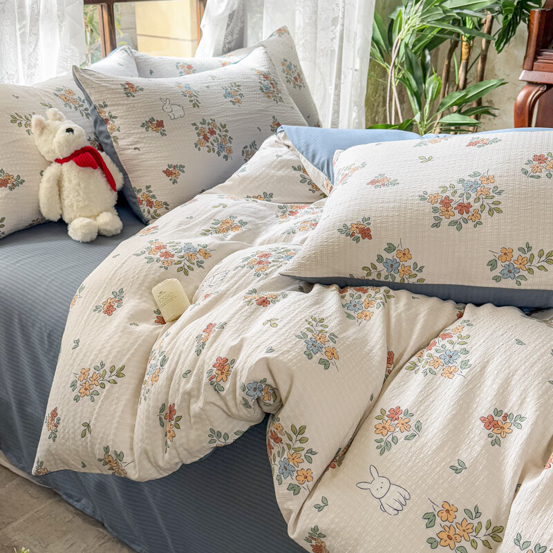 多兰诗（Duolanshi）A类小清新有氧提花四件套亲肤透气宿舍单双人春夏四件套 花田梦 1.8米 床单款 被套200*230 四件套